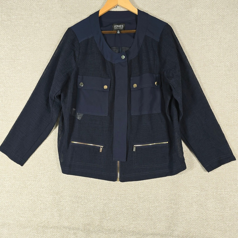 Jones New York Womens 1X Navy Blue Mixed Media Utility Zip Front Jacket‎ Gold HW
